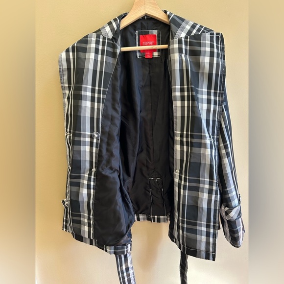 Espirit Black/White Plaid Trench Over Coat Womens Layering Classic Size XS - Picture 11 of 16